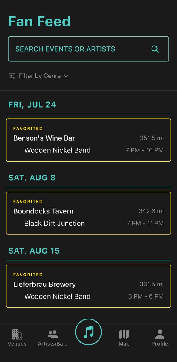 The Music Near Me fan feed in dark mode, showing favorited venues and upcoming shows with dates, distances, and set times